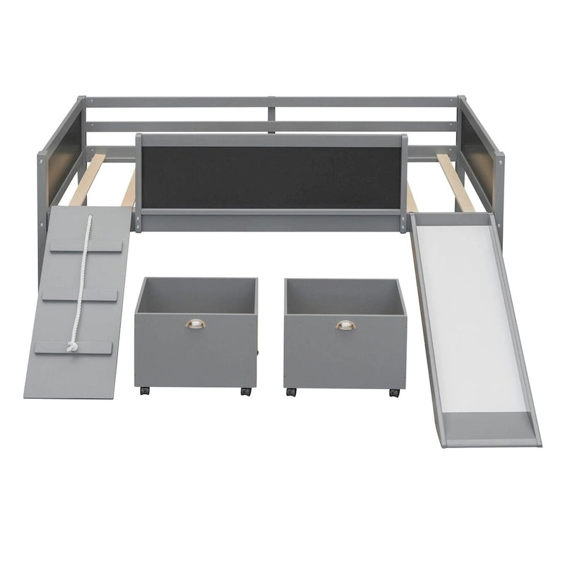 Lit mezzanine en bois, une place, avec trois tableaux noirs, deux boîtes de rangement et un toboggan