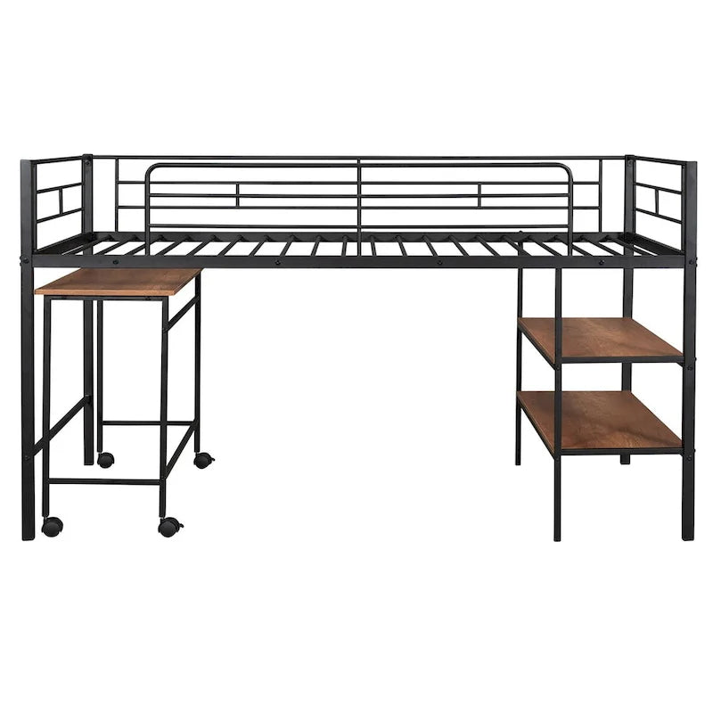 Cadre de lit mezzanine simple surbaissé avec bureau roulant et étagères, lit simple en métal avec supports à lattes en acier, pour adolescents enfants