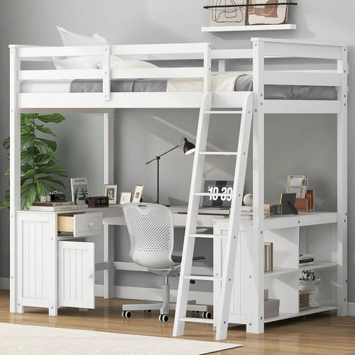 Full Size Loft Bed with U-shaped Desk, Drawers and Storage Shelves