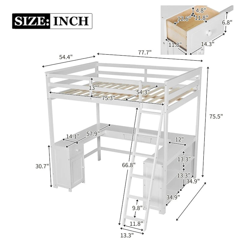 Lit mezzanine deux places avec bureau en U, tiroirs et étagères de rangement