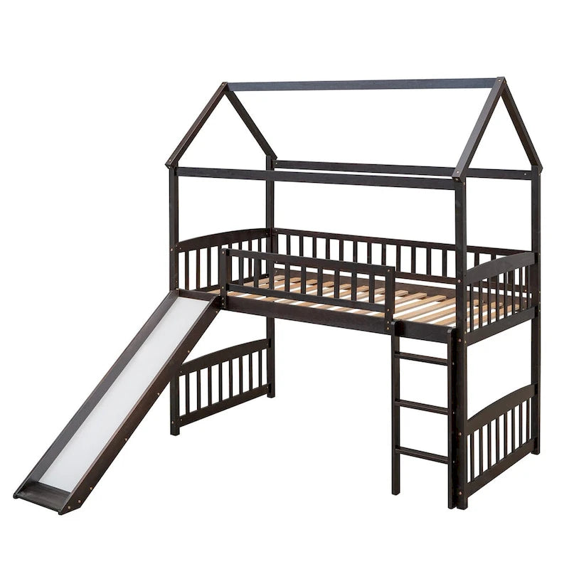 Lit mezzanine double avec toboggan et garde-corps