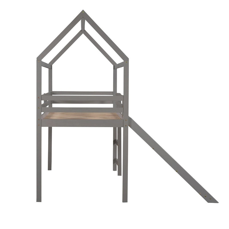 Twin Loft Bed with Slide, House Bed with Slide,Gray suitable for bedroom