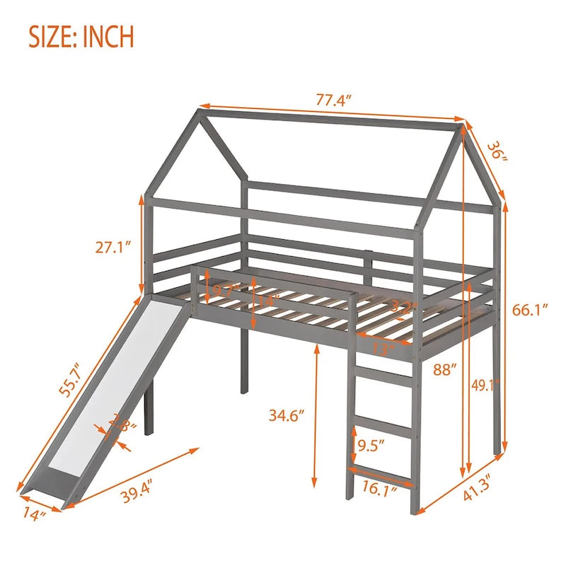 Lit mezzanine jumeau avec toboggan, lit cabane avec toboggan - Gris