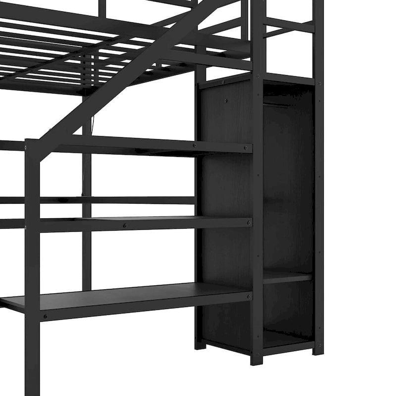 Lit mezzanine double XL en métal avec armoire, étagère réglable, bureau en L et port USB