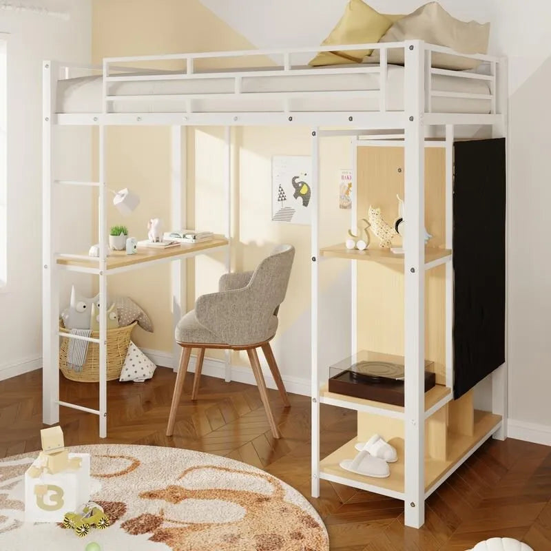 Lit mezzanine en métal une place avec armoire intégrée, bureau et étagères