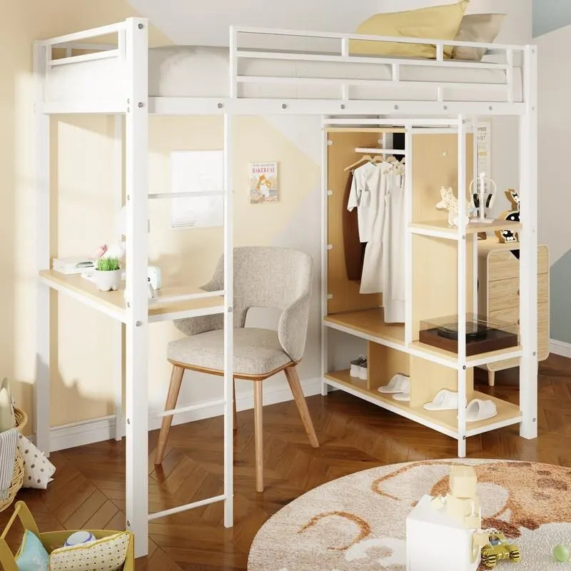 Lit mezzanine en métal une place avec armoire intégrée, bureau et étagères