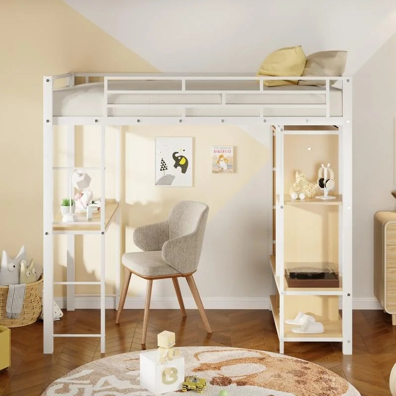 Lit mezzanine en métal une place avec armoire intégrée, bureau et étagères