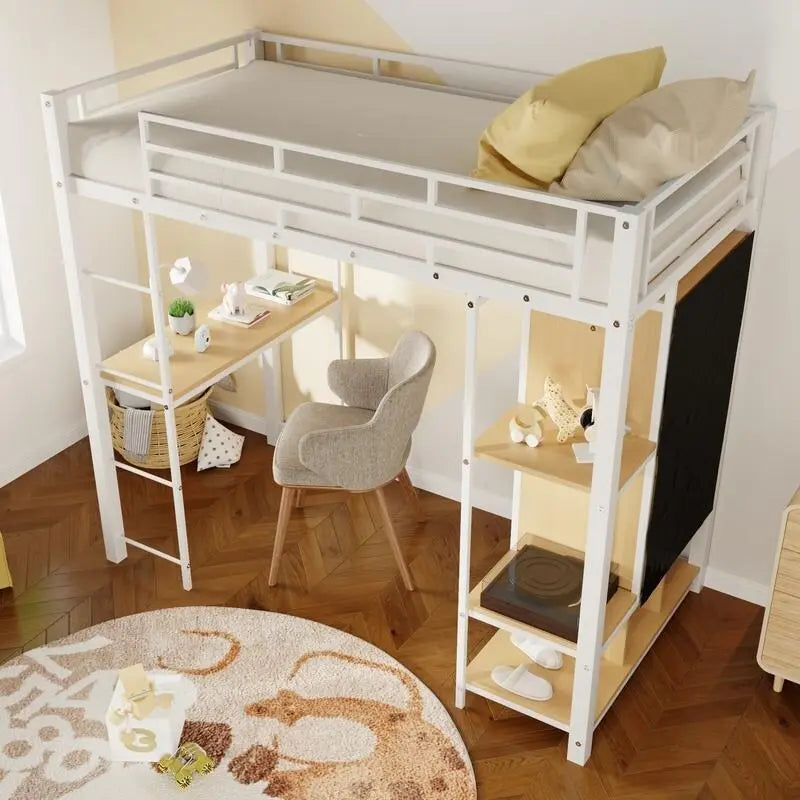 Lit mezzanine en métal une place avec armoire intégrée, bureau et étagères