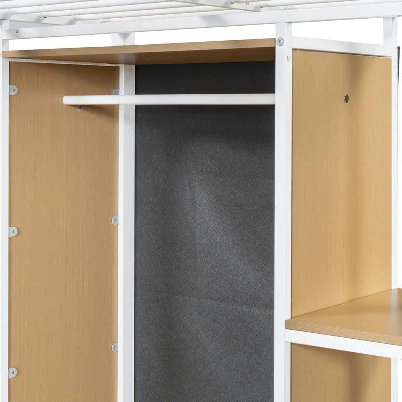 Lit mezzanine en métal une place avec armoire intégrée, bureau et étagères