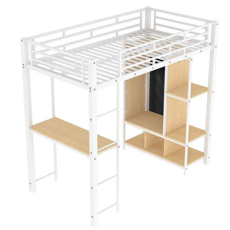 Lit mezzanine en métal une place avec armoire intégrée, bureau et étagères