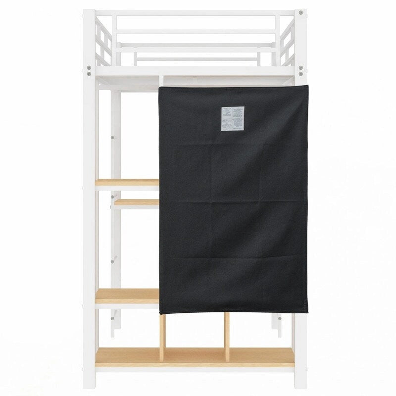 Lit mezzanine en métal une place avec armoire intégrée, bureau et étagères