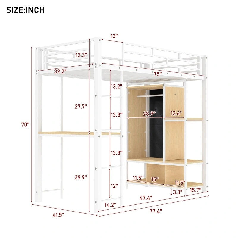 Lit mezzanine en métal une place avec armoire intégrée, bureau et étagères
