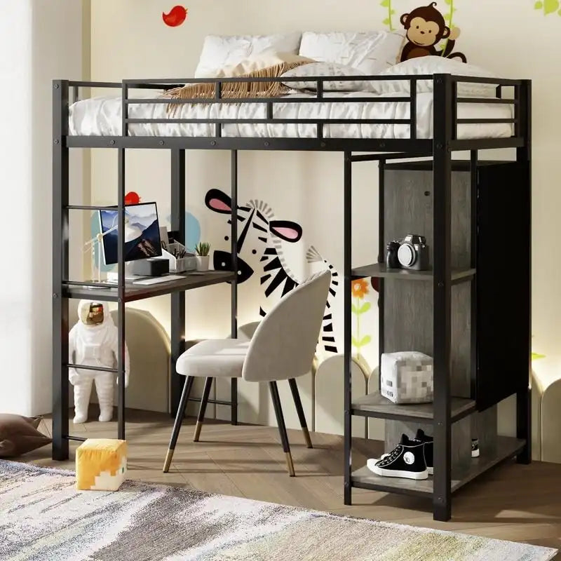 Lit mezzanine en métal une place avec armoire intégrée, bureau et étagères
