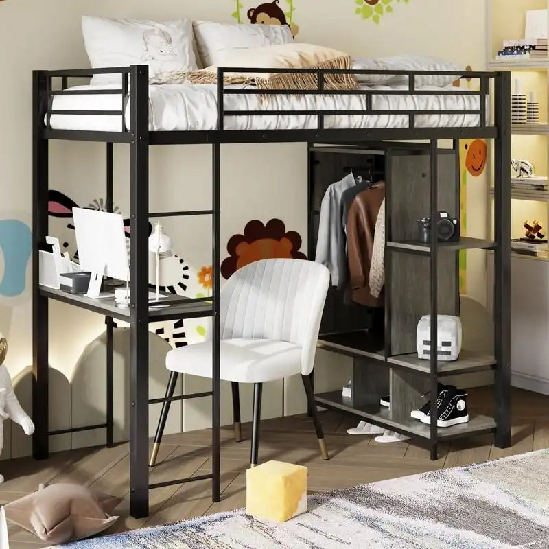 Lit mezzanine en métal une place avec armoire intégrée, bureau et étagères