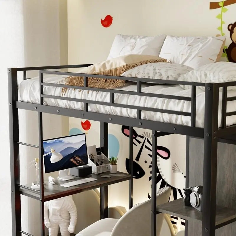 Lit mezzanine en métal une place avec armoire intégrée, bureau et étagères