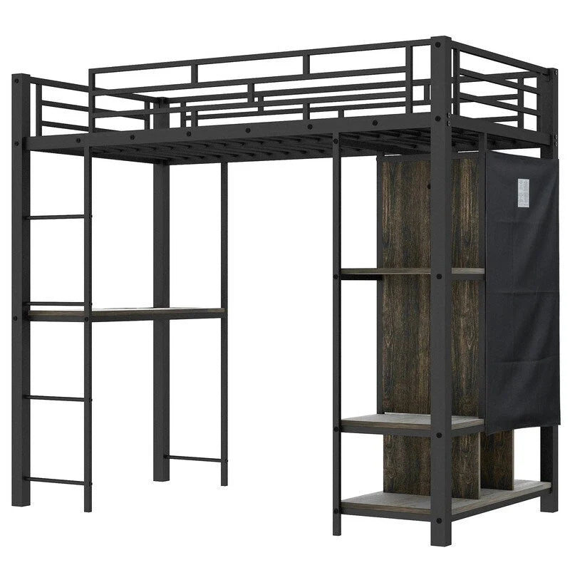 Lit mezzanine en métal une place avec armoire intégrée, bureau et étagères