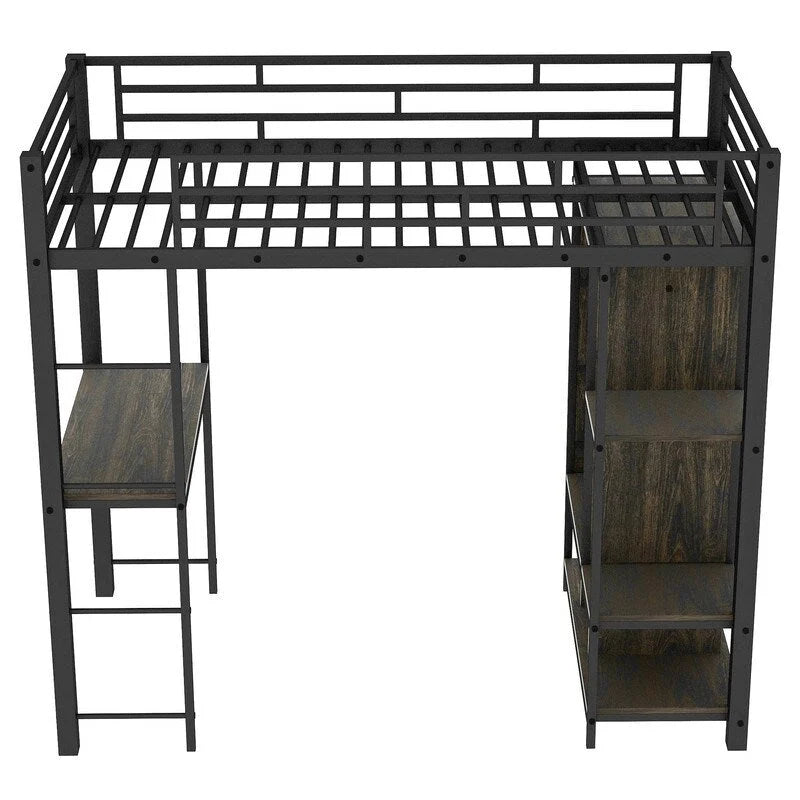 Lit mezzanine en métal une place avec armoire intégrée, bureau et étagères